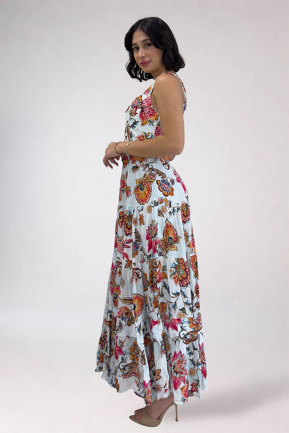 Woman wearing a floral dress on a white background