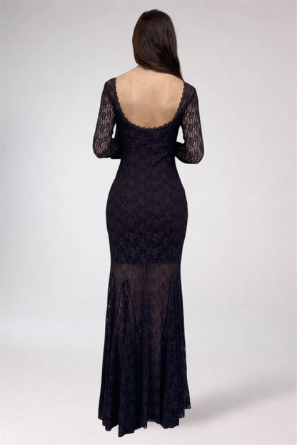 Black lace evening gown on a white background