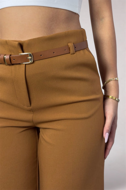 Brown pants with a belt on a plain background