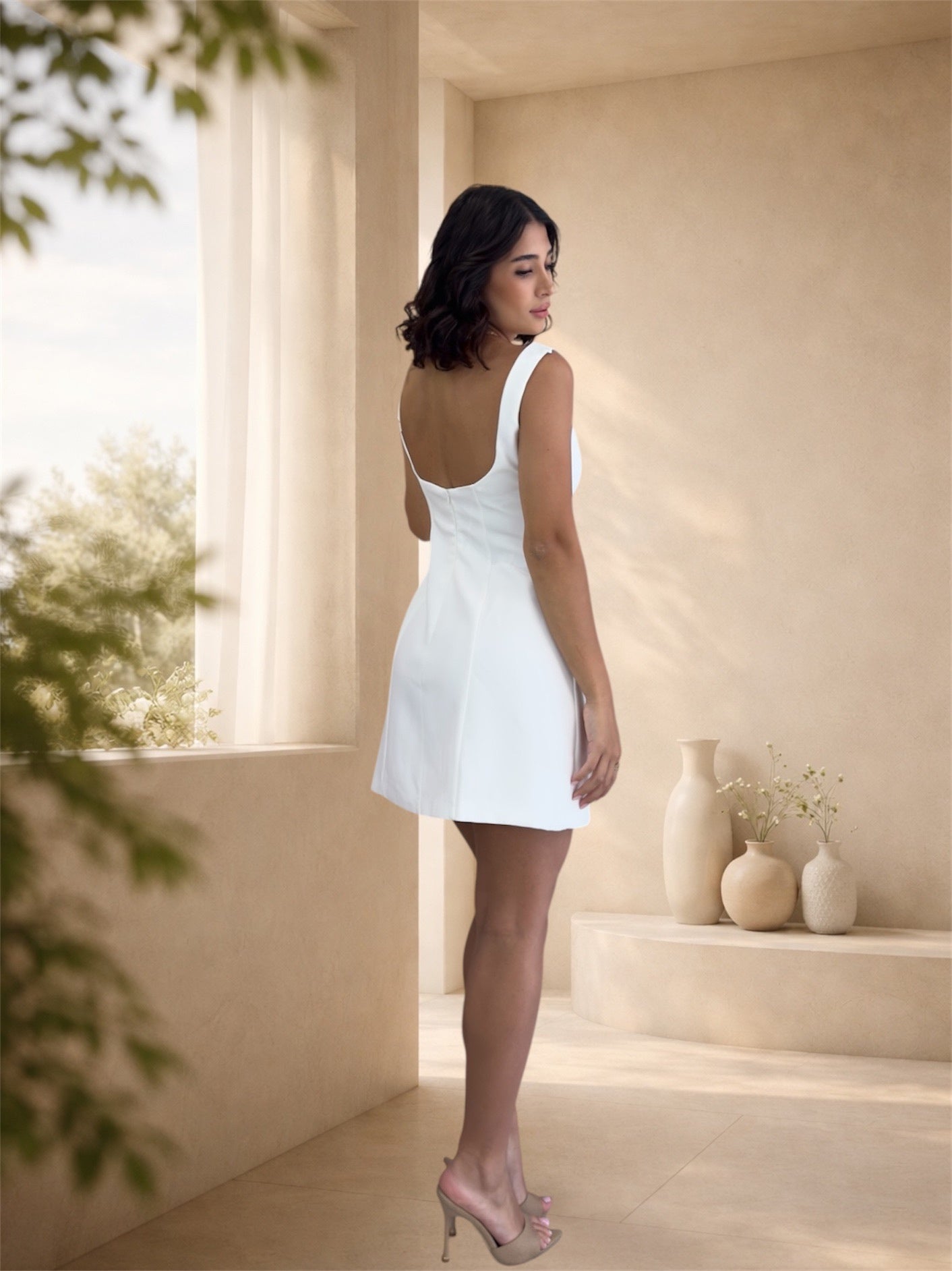Woman in a white dress standing in a sunlit room with neutral decor
