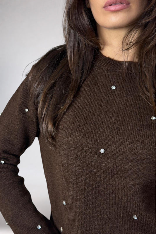 Brown sweater with silver buttons worn by a person against a neutral background