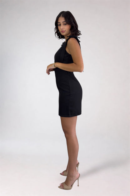 Woman wearing a black dress on a white background