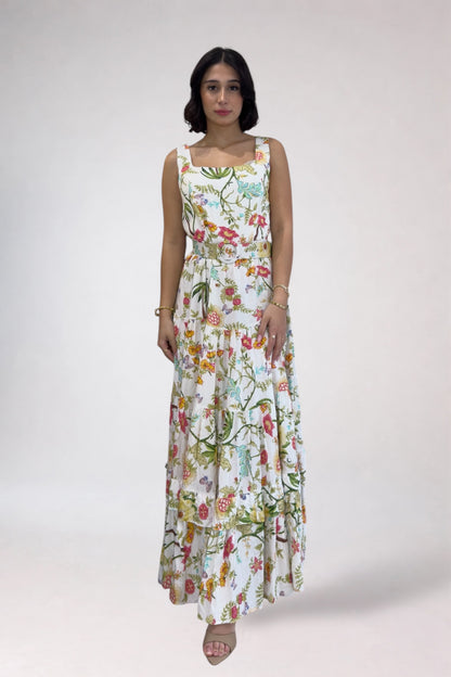 Woman wearing a floral dress on a white background