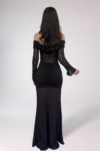 Black lace evening gown on a white background