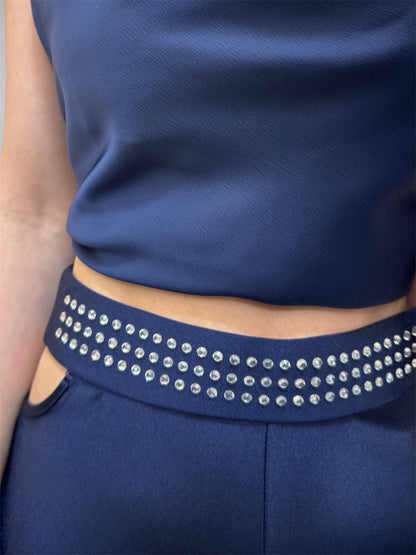 Navy blue dress with a studded belt