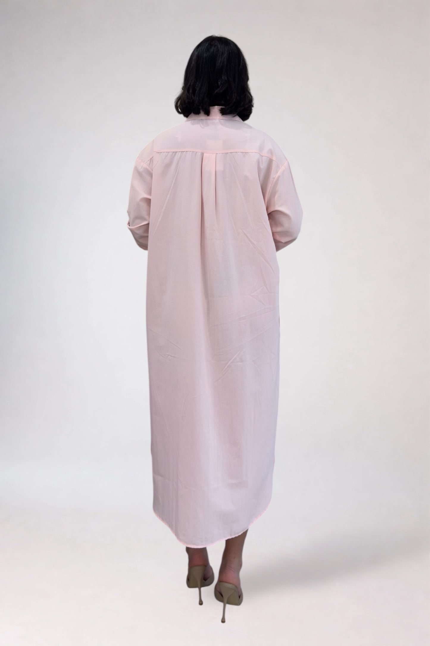 Person wearing a light pink dress with sheer sleeves on a white background