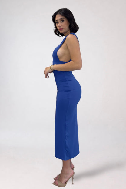 Woman wearing a blue dress on a white background