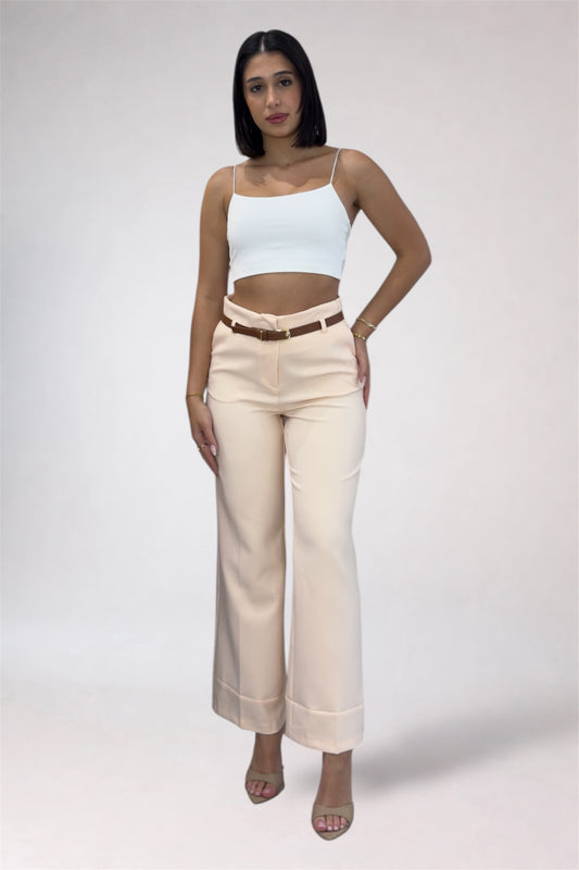 Woman wearing a light blue top and beige pants on a white background
