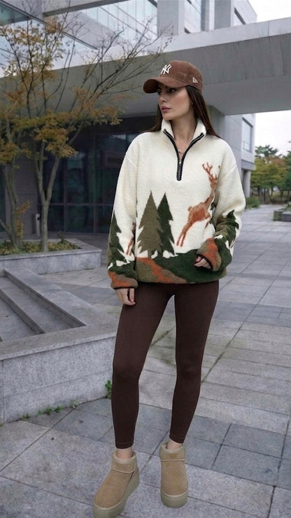 Woman wearing a patterned sweater with trees and deer, standing on a sidewalk.
