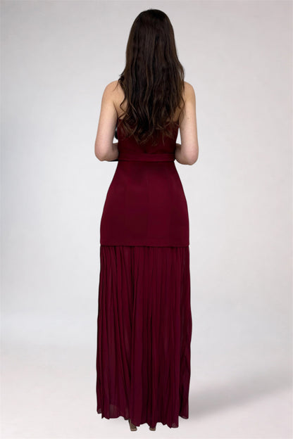 Burgundy evening gown on a white background